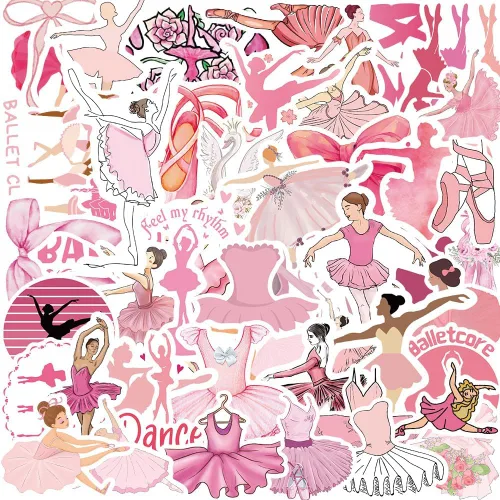 Lindas calcomanías estéticas de ballet rosa para niñas y mujeres, 50 calcomanías impermeables de ballet para botellas de agua, laptop, álbum de
