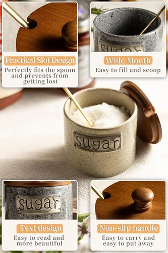 Vista 4 de LYEOBOH Azucarero de 15 onzas, recipiente para azúcar, contenedor rústico para azúcar con tapa de madera y cuchara para barra de café, apto