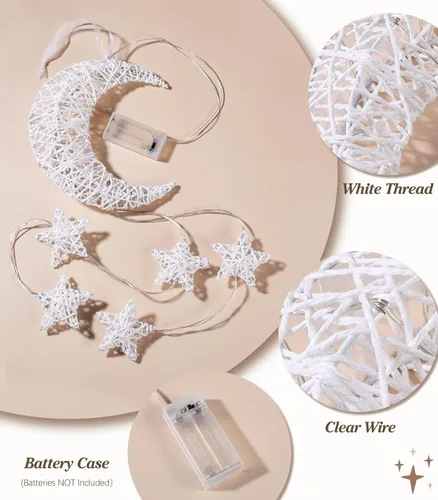 Vista 3 de Lewondr Luz Colgante, Luces de Hadas de Luna y Estrella de Ratán, Luces Decorativas de Interior, Luz de Ventana, Luces de Estrella de Fácil