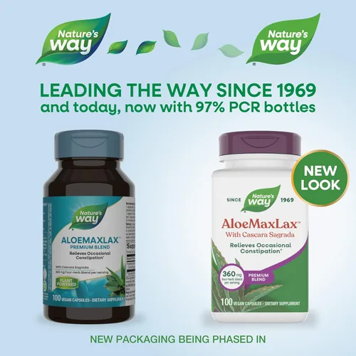 Vista 2 de Nature's Way AloeMaxLax con Cascara Sagrada, alivio ocasional del estreñimiento*, 100 cápsulas veganas