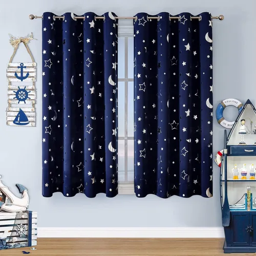 Vista 14 de WUBODTI Cortinas opacas de estrella azul marino para habitación de niños, juego de 2 paneles de 63 pulgadas de largo, cortinas cortas con estampado