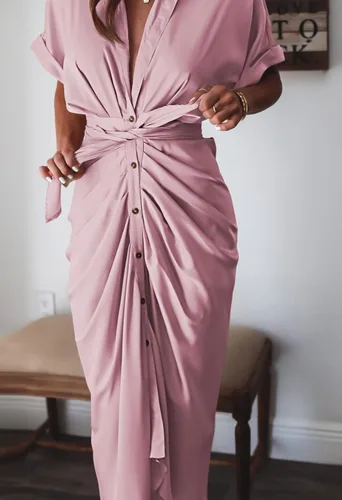 Vista 5 de Linsery - Vestido largo camisero de manga corta con botones y cinturón para mujer elegante de satén