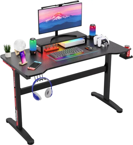 Vista 39 de PayLessHere Mesa de juego de 39 pulgadas Azul Escritorio para computadora en forma de Z con marco de acero, gancho para auriculares, pies