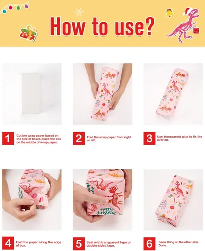 Vista 7 de Rollos de papel de regalo de Navidad de dinosaurios, 3 rollos de 30 x 120 pulgadas (75 pies cuadrados en total) rollos de papel de regalo