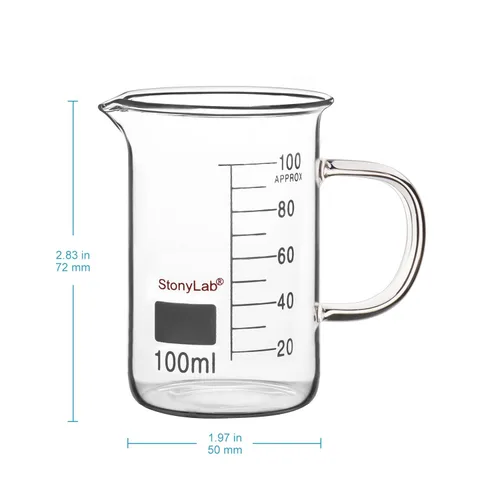 Vista 2 de stonylab Vaso de cristal con asa, vidrio de borosilicato graduado de forma baja con mango y boquilla de vertido, 3.4 fl oz