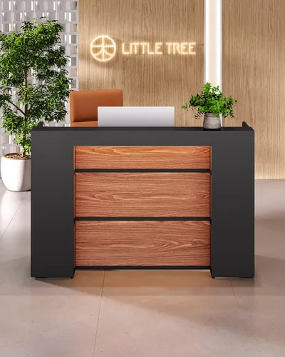 Vista 5 de LITTLE TREE Escritorio de recepción de 63 pulgadas, mesa de recepción moderna con luz LED, mostrador frontal, mostrador de madera para vestíbulos