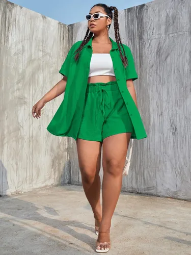 Vista 5 de YYJN Conjunto de 2 piezas para verano de manga corta con botones, blusas, camisas y pantalones cortos con bolsillos