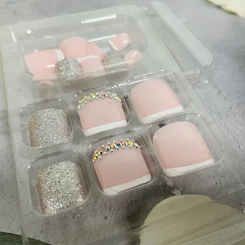 Vista 4 de Uñas postizas a presión, puntas blancas cuadradas, uñas postizas con purpurina, diseños de diamantes de imitación, uñas postizas de cobertura