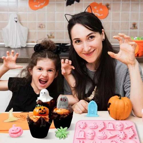 Vista 5 de Molde de silicona de Halloween para chocolate 3D para hornear chocolates, galletas, gomitas de caramelos, calaveras, calabazas, murciélagos