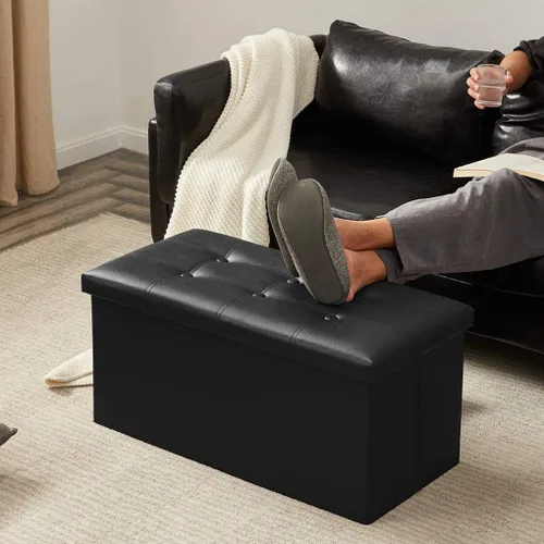 YOUDENOVA 30 inches Folding Storage Ottoman, 85L Storage Ottoman Bench for Living Bedroom and Hallway, Faux Leather Black Footrest with Foam Padded