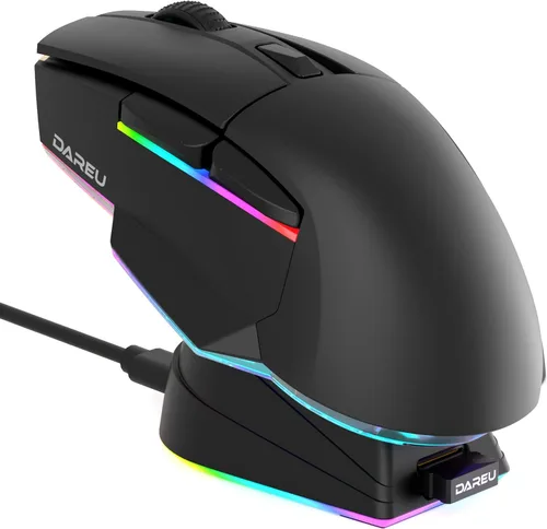 DAREU Ratón inalámbrico ligero para juegos A955 con base de carga RGB Ratón trimodo 2.4GUSB-CBT Ratón hasta 12K DPI Sensor óptico -Botones KBS II