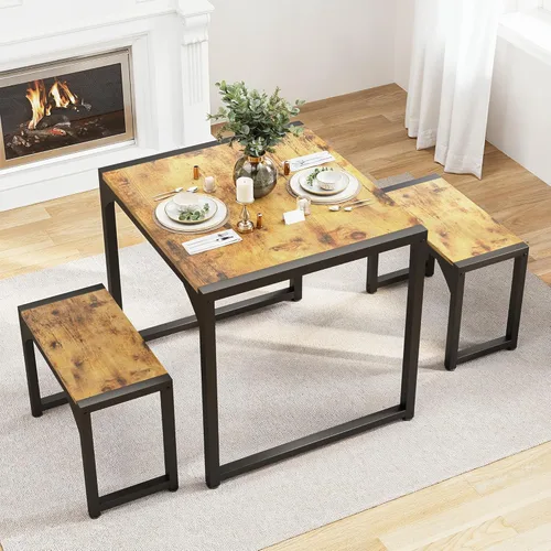 Vista 13 de Gizoon Juego de mesa de comedor para 2, juego de mesa de cocina para 2 con marco de acero, mesa de cocina con 2 bancos para espacio pequeño, diseño