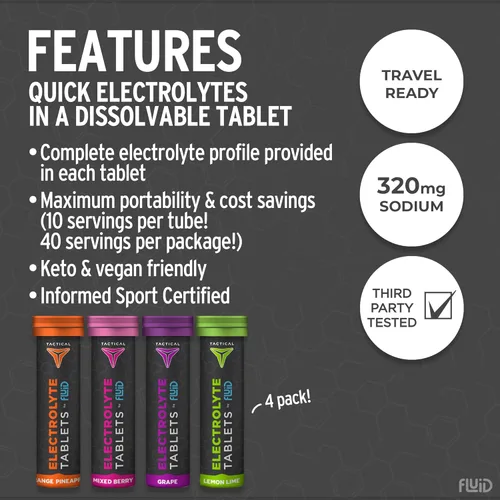 Vista 2 de Fluid Tactical - 40 tabletas de electrolitos efervescentes Paquete variado 320 mg de sodio, 160 mg de potasio Prevención de deshidratación