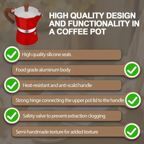 Vista 7 de Cafetera de aluminio con 3 tazas de 5.1 fl oz Moka Pot Express, estufa de café expreso, colorida cafetera italiana, estilo clásico, Greca Café, Rojo