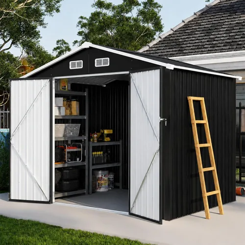 Vista 13 de Aoxun Cobertizo de almacenamiento de acero para jardín al aire libre de 6 x 4 pies con puerta con bloqueo impermeable y resistente a la oxidación