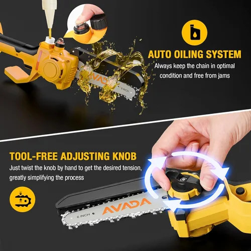 Vista 6 de Sierra de poste eléctrica 2 en 1 - Mini motosierra sin escobillas de 6 pulgadas con poste de extensión, 2 baterías de 3.0Ah, engrasado automático