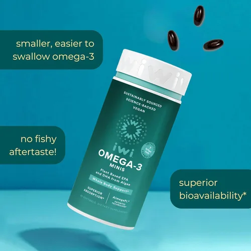 Vista 3 de Iwi Mini cápsulas blandas Omega-3 (30 porciones), fáciles de tragar, algas a base de plantas Omega 3 con EPA + DHA, suplemento dietético de apoyo
