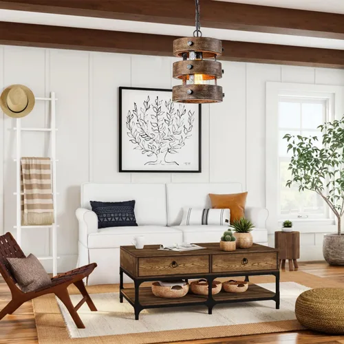 Vista 9 de Paquete de 2 Luces Colgantes de Madera Estilo Granja para Isla de Cocina, Accesorios de Iluminación para Comedor sobre Mesa, Lámpara de Araña