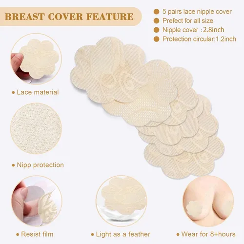 Vista 4 de Medimama Cinta invisible para levantamiento de senos con pétalos de encaje sin espalda, cubierta para pezones con cinta para levantamiento de senos
