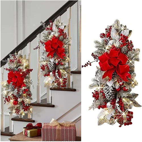 Vista 9 de 2 unidades 2023 inalámbricas preiluminadas para escaleras de Navidad, decoración de escaleras artificiales, guirnalda de Navidad con luces, A Red