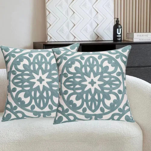 Juego de 2 fundas de almohada decorativas bordadas, estilo bohemio, lona de algodón, para patio, sofá, sala de estar, 18 x 18 pulgadas (18 x 18