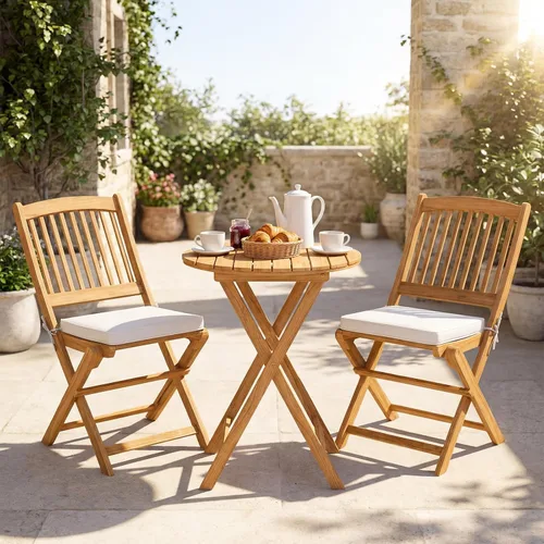 Vista 7 de Giantex Juego de 3 piezas de mesa plegable de madera, 2 sillas acolchadas para jardín, muebles de exterior mesa redonda (natural y beige)