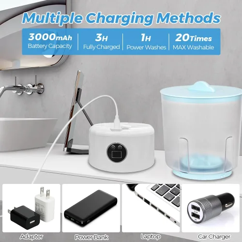 Vista 3 de Mini lavadora de ropa interior – Lavadora portátil de ropa pequeña de 2 litros, recargable, inalámbrica, con 3 modos para brasier, ropa