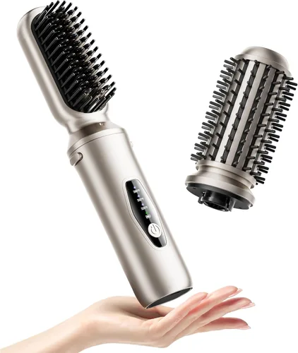 Cordless Hair Straightener Brush, 2 in 1 Curling & Straightening Brush with 200 Million Negative Ions, Mini Travel Hot Straightener Comb for Women,