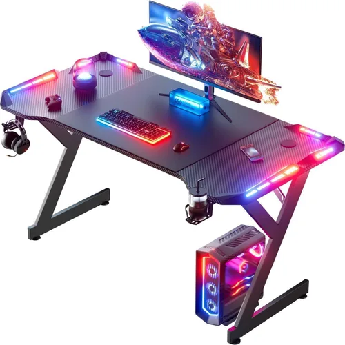 Vista 7 de HLDIRECT Escritorio para juegos de 40 pulgadas con luces LED, escritorio para jugadores de oficina en casa, mesa ergonómica para computadora