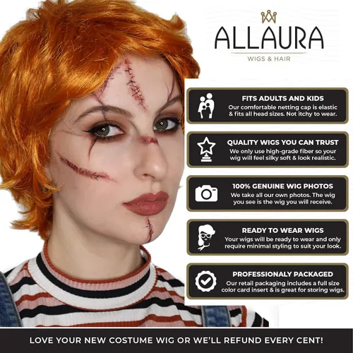 Vista 5 de ALLAURA Peluca de muñeca Evil Killer, peluca naranja de Halloween - Incluye tatuajes de cicatrices Anime Cosplay disfraz de Halloween