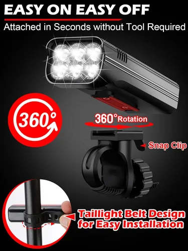 Vista 4 de Luces de bicicleta de alto lúmenes delanteras y traseras para conducción nocturna, 10,000 mAh USB recargable 6 luces LED para bicicleta, 5+5 modos
