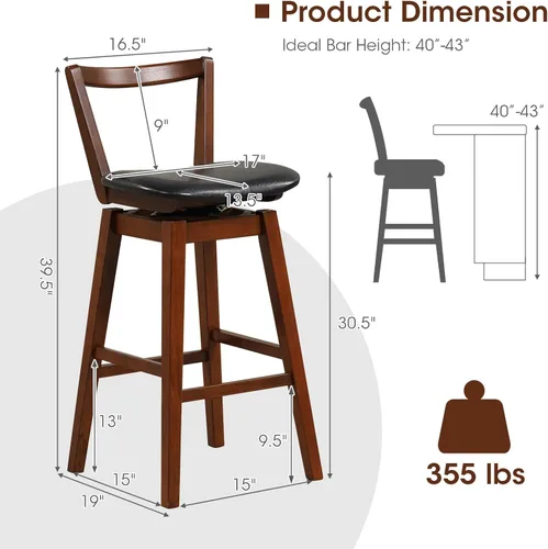 Vista 10 de COSTWAY Taburete de bar, taburete tapizado giratorio de piel sintética de 26 pulgadas con respaldo hueco y asiento acolchado, patas de madera
