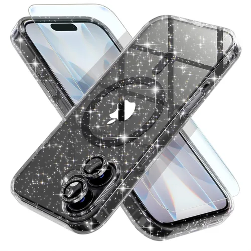 Vista 45 de Choiche Funda magnética para iPhone 15 Pro Max, funda transparente con purpurina brillante para mujer