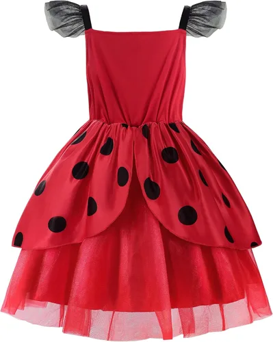 Vista 2 de Vestido de mariquita para niñas con máscara y bolsa disfraz para niños disfraz de cumpleaños Halloween Navidad