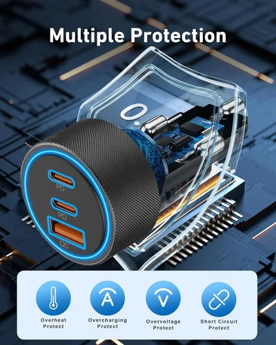 Vista 6 de Cargador de coche USB C de 67 W, carga súper rápida, paquete de 2 puertos de 12 a 24 V, accesorios de coche, adaptador de encendedor de cigarrillos