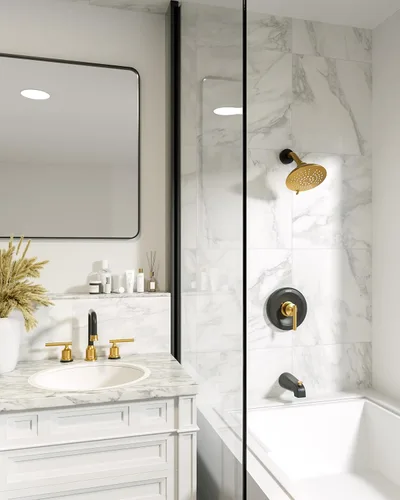 Vista 2 de Juego de grifería de ducha con válvula, WOWOW Kit de molduras de ducha con cabezal de ducha de lluvia de 6 pulgadas y caño de bañera, Combo de ducha