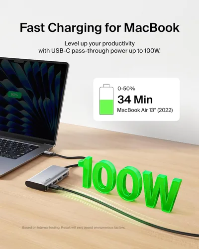 Vista 5 de Belkin Hub USB C, base multipuerto 4 en 1 para laptop con HDMI 4K, estación de acoplamiento USB C con entrega de alimentación de paso de 100 vatios