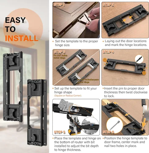 Vista 4 de Jig de bisagra de puerta, kit de instalación de bisagra de puerta con plantilla de amortiguador, jig de bisagra para puerta y marco/jamba de puerta