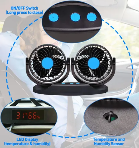 Vista 5 de Ventilador de coche de 2 V, ventilador de enfriamiento automático portátil de 5 pulgadas, doble cabezal ajustable giratorio de 360°, enchufe