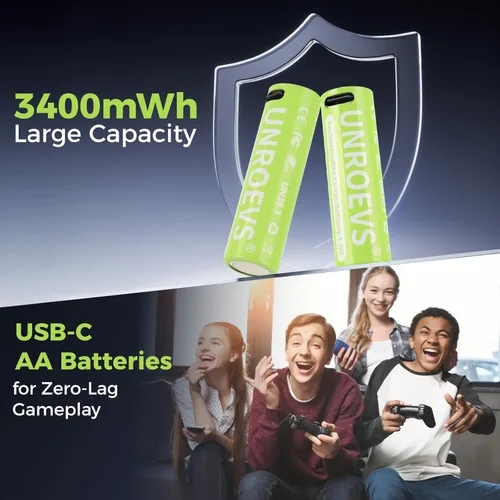Vista 4 de UNROEVS Baterías AA de litio recargables USB, 3400 mWh 1.5 V recargable doble A con cable USB-C 2 en 1, carga rápida de 2 horas, más de 1200 ciclos.