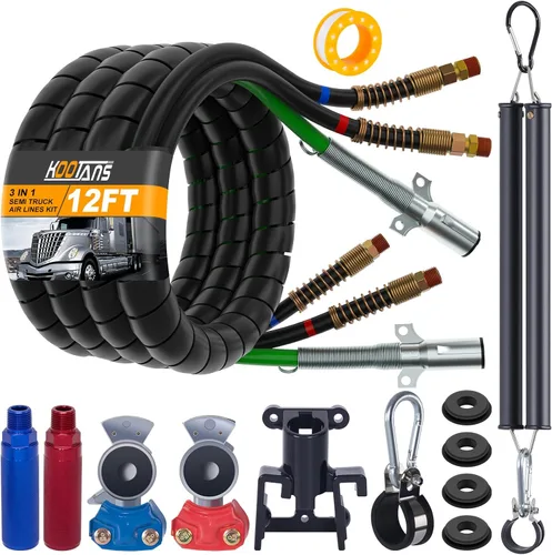 KOOTANS Kit de línea de aire para semirremolque de 12 pies con Gladhands, mangos, soporte, kit de resorte de alimentación, mangueras de freno de