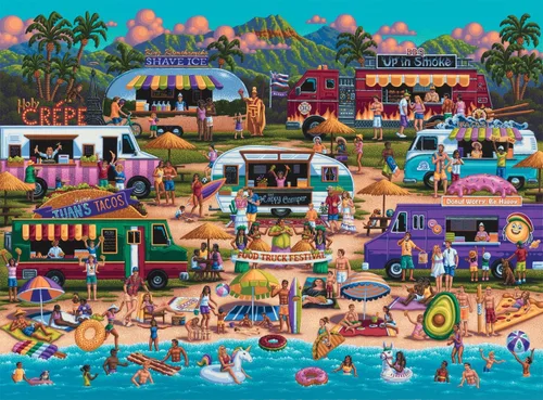 Vista 2 de Buffalo Games - Pun Fuzzles: Rompecabezas de 1,000 piezas con diseño del Festival de Camiones de Comida Hawaiana