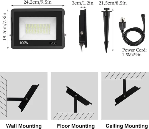 Vista 3 de 1 Pack 100W LED Flood Light Outdoor, 10000LM Super Bright Security Light IP66 Waterproof Flood Lights Outdoor, 6000K Daylight White Floodlights for