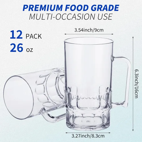 Vista 2 de Mifoci 12 tazas de cerveza de plástico de 26 onzas con asas, vasos de plástico transparente, vasos a granel reutilizables de acrílico para beber