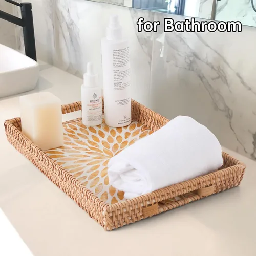 Vista 7 de Bandeja rectangular de ratán con incrustaciones de madreperla, bandeja de ratán con asa para café, pan, frutas, aperitivos, bandeja decorativa