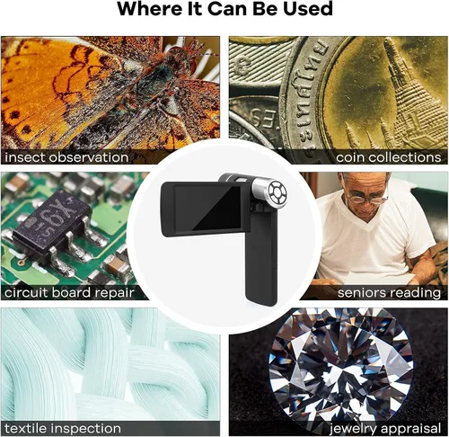 Vista 7 de LM203 Microscopio digital de mano de 4 pulgadas con pantalla, microscopio portátil 200X para adultos, lupa de monedas USB con luces, kit