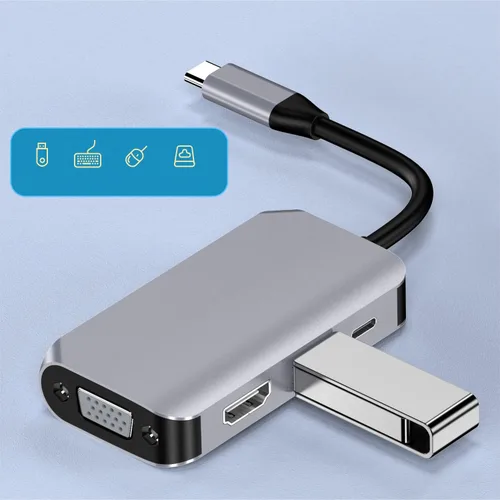 Vista 5 de Concentrador adaptador USB C, 4 en 1 USB tipo C a HDMI 4K, VGA, USB3.0 y USB-C PD multipuerto estación de acoplamiento compatible con dispositivos