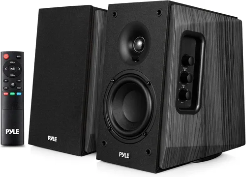Pyle Sistema de altavoces de estantería con Bluetooth, altavoces estéreo activos de 80 W, gabinete de madera natural Bass Reflex, arco de alta
