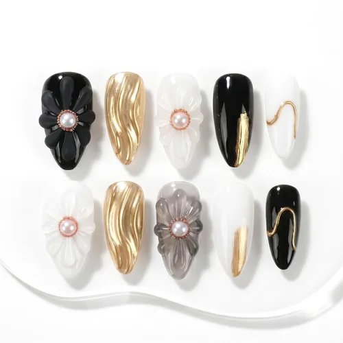 Vista 38 de Sun&Beam Nails Uñas a presión hechas a mano, medianas, largas, almendra, ovalada, púrpura y blanca, concha de perla falsa, diseño 3D, bonitos dijes