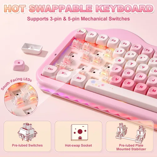 Vista 5 de YUNZII Teclado mecánico inalámbrico C75, diseño del 75%, NKRO intercambiable en caliente, modo BT5.0/2.4G/USB-C, teclas Dye-Sub PBT MOA, montaje